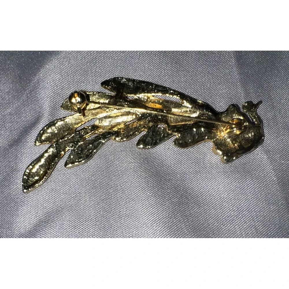 VTG Large‎ Enamel Rhinestone Peacock Brooch Cobolt Blue Green Gold Tone 2.5